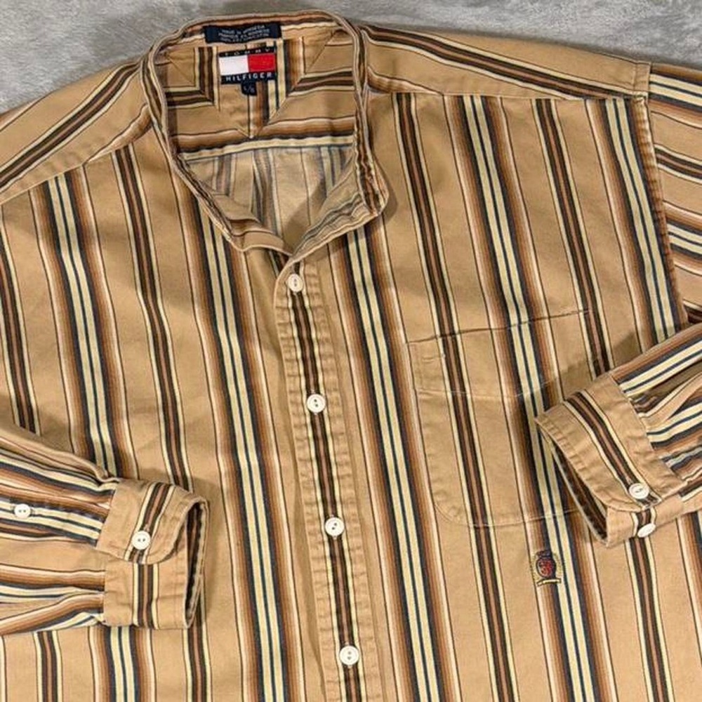 90s Vintage Tommy Hilfiger Aztec Button Down Shirt | Tan Stripe | L